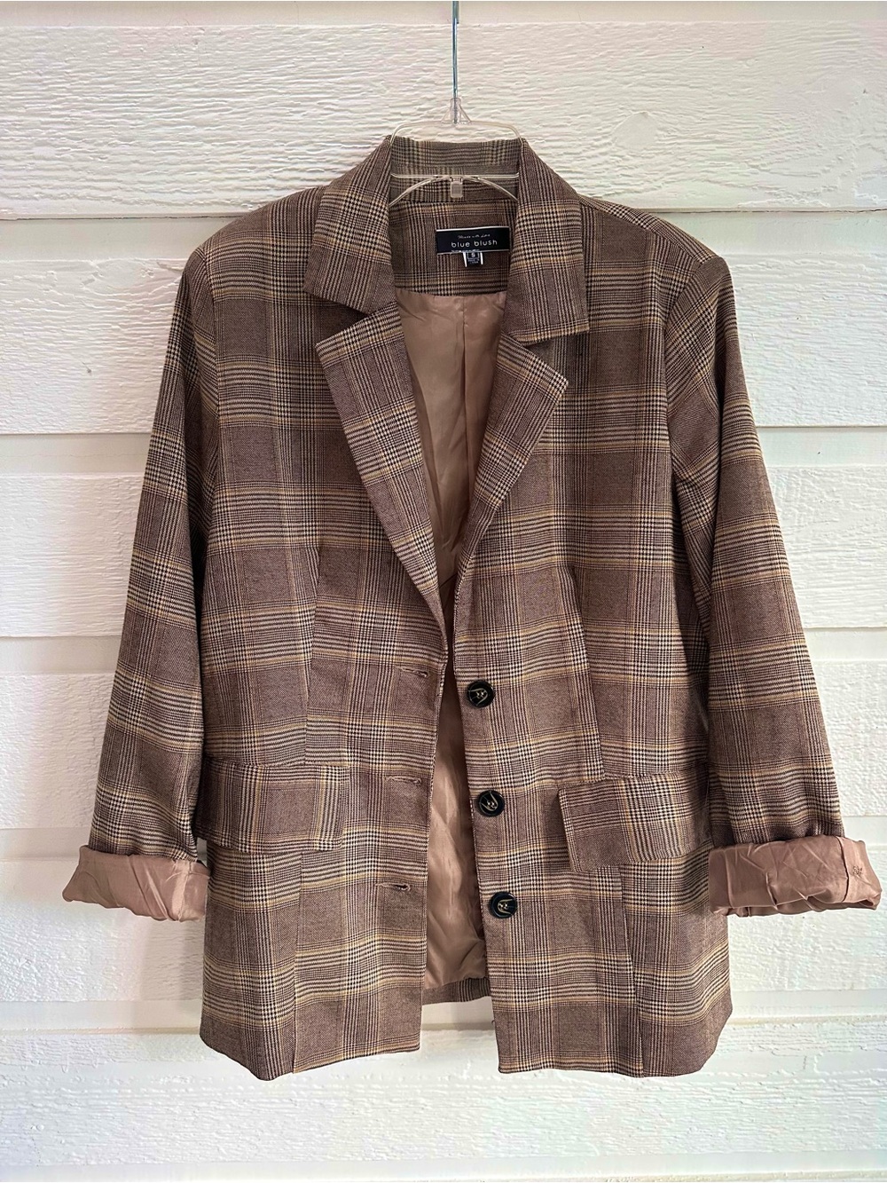 Blue Blush Brown Plaid Women's Blazer Jacket